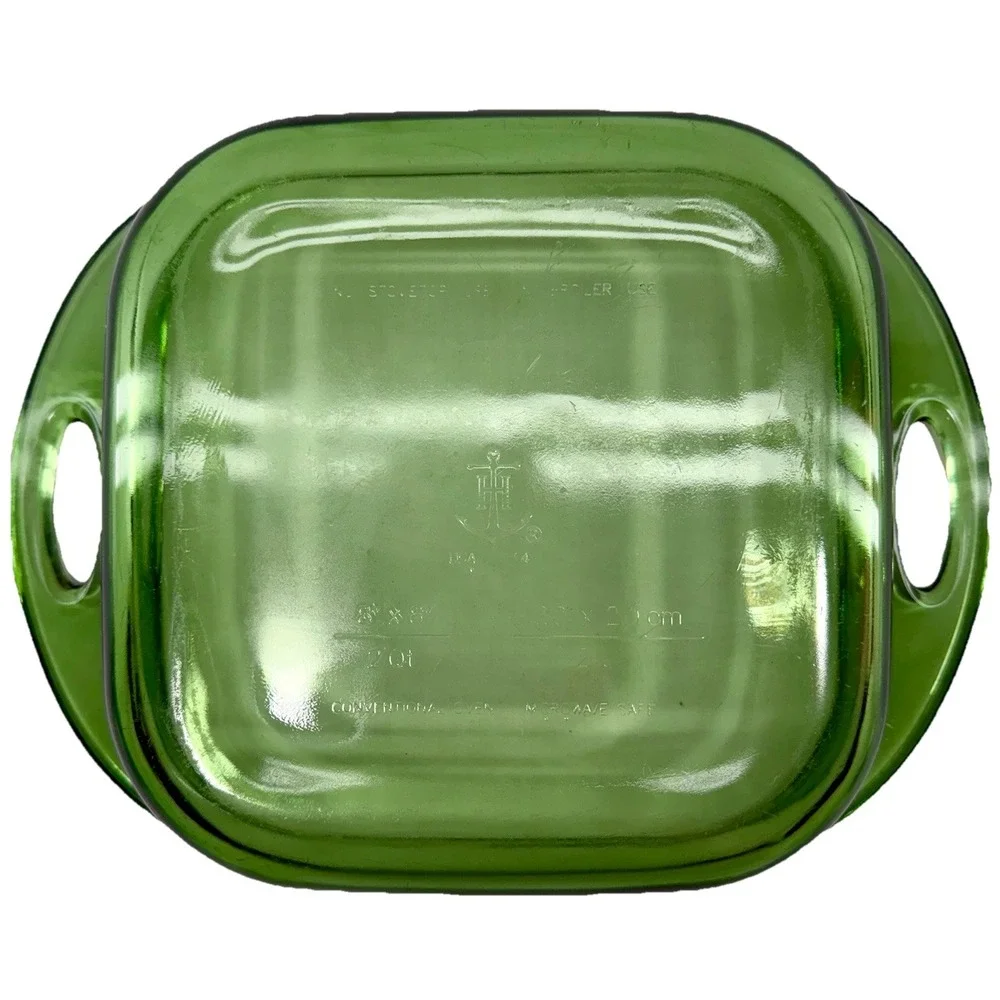 Vintage Anchor Hocking Green Glass 8x8 Baking Dish w/ Handles EUC Retro‎ Avocado